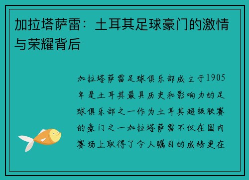 加拉塔萨雷：土耳其足球豪门的激情与荣耀背后